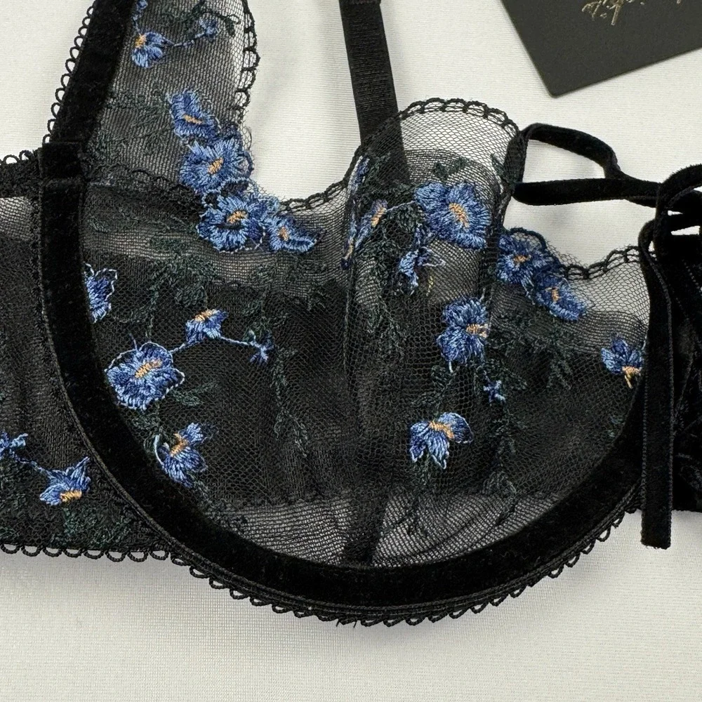 Fredericks Of Hollywood Womens Harlow Embroidered Mesh‎ Tie Front Bra Black 34 C